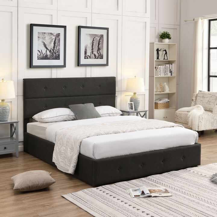 Upholstered Platform Bed with Underneath Storage, Queen Size, Gray