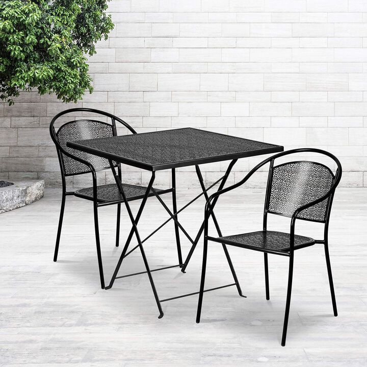 Flash Furniture Oia Commercial Grade 28" Square Black Indoor-Outdoor Steel Folding Patio Table Set with 2 Round Back Chairs