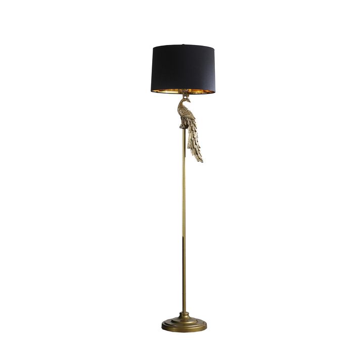 65 Inch Floor Lamp, Peacock, Linen Drum Shade, Pedestal Branch, Gold Finish - Benzara
