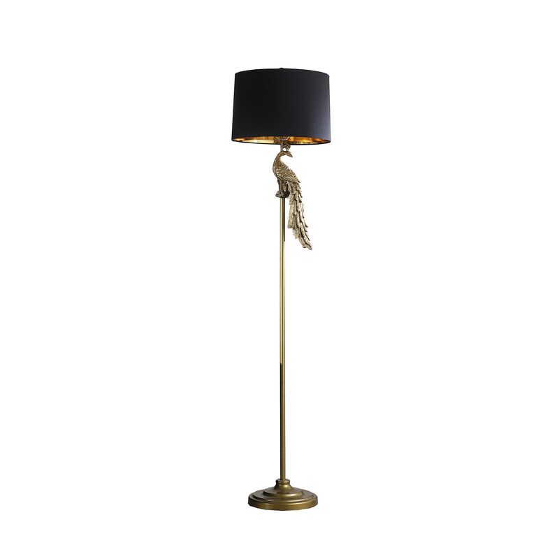65 Inch Floor Lamp, Peacock, Linen Drum Shade, Pedestal Branch, Gold Finish - Benzara