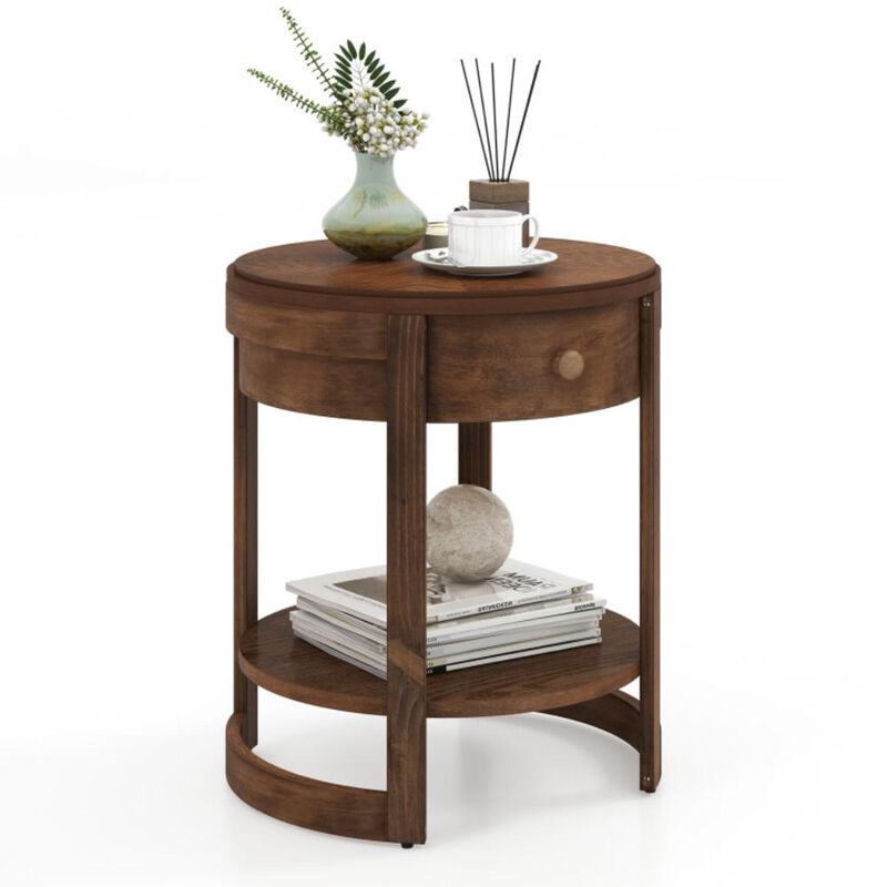 Hivvago 2-Tier Round End Table Mid Century Modern Nightstand with Drawer and Shelf