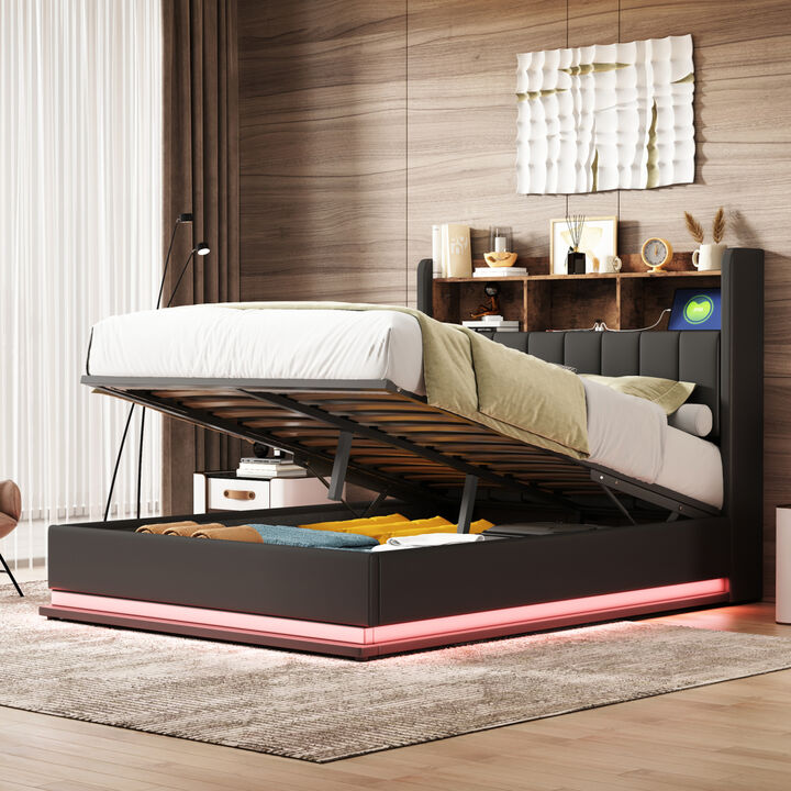 Full Size Upholstered Platform Bed with Storage Headboard and Hydraulic Storage System, PU Storage Bed with LED Lights and USB charger, Black