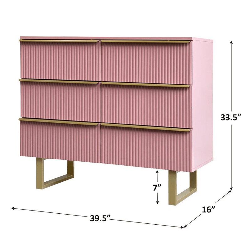 6-drawer Dresser In Mdf Wood With Gold Metal Legs And Handles in Pink Color