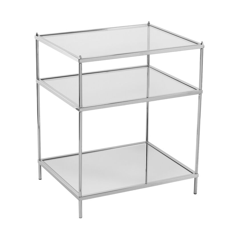 Homezia 27" Chrome Glass And Iron Rectangular Mirrored End Table With Shelf image number 3