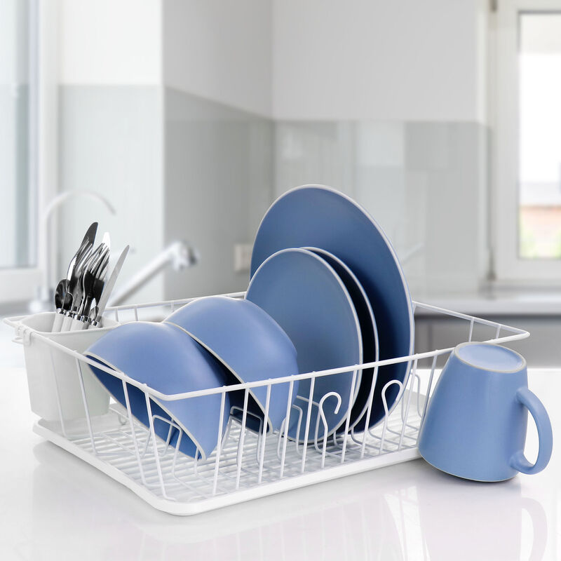 MegaChef 17.5 Inch White Single Level Dish Rack with 14 Plate Positioners and a Detachable Utensil Holder
