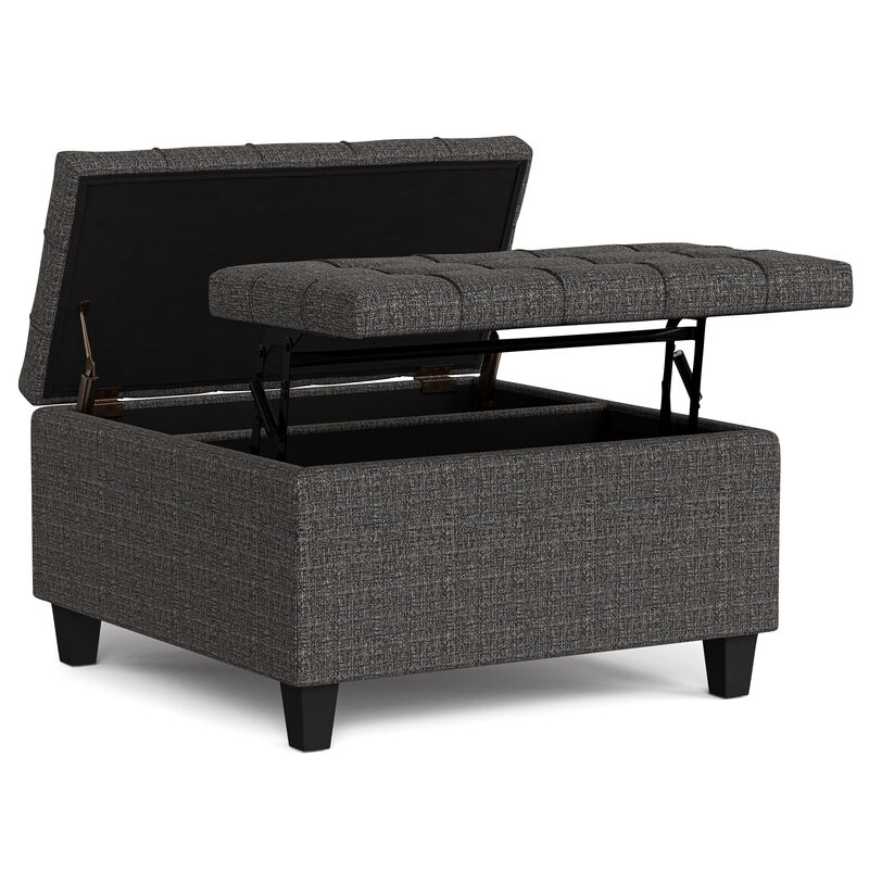 Harrison 30 inch Wide Transitional Square Small Coffee Table Storage Ottoman in Ebony Tweed Polyester, Assembled image number 3
