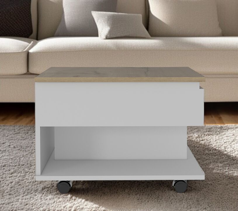 Hivvago 22 Inch White And Light Oak Manufactured Wood Rectangular Coffee Table With Drawer