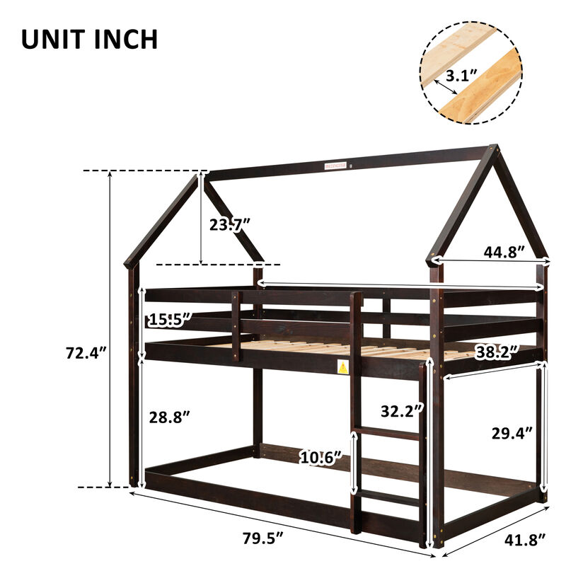 Twin over Twin Loft Bed with Roof Design, Safety Guardrail, Ladder, Espresso