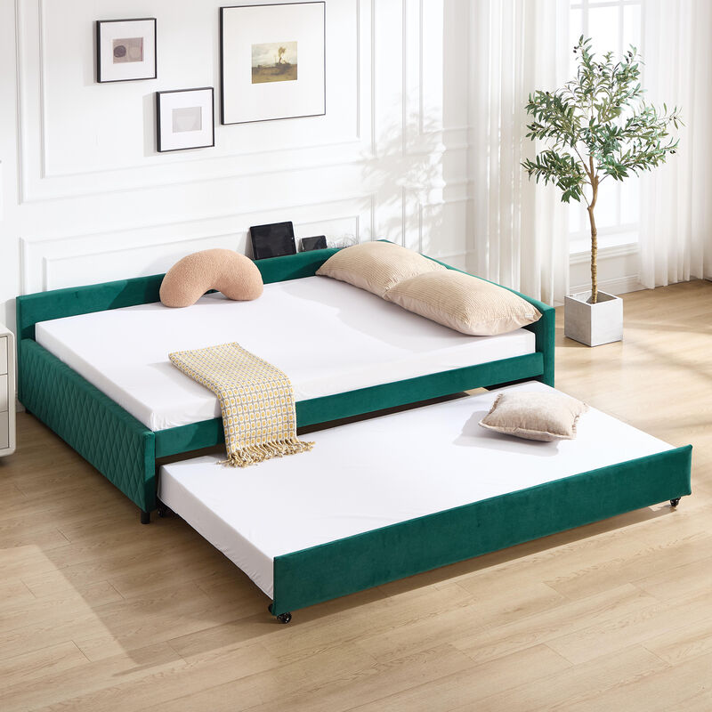 Merax Upholstered Daybed with Trundle,sturdy wooden bed frame, modern diamond grid design image number 1