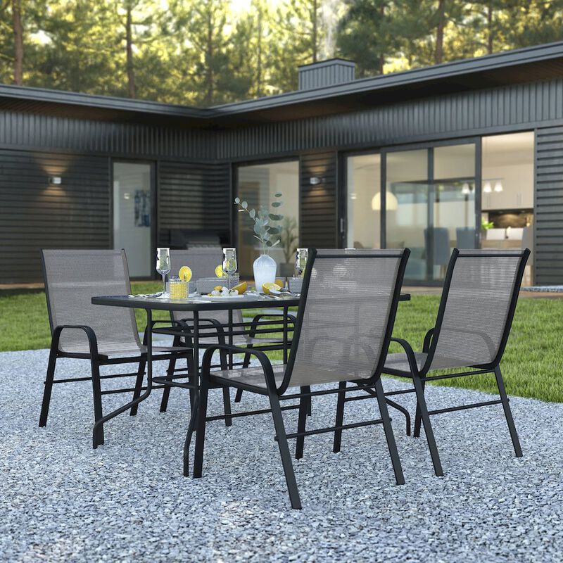 Flash Furniture 5 Piece Set - 55" Tempered Glass Patio Table, 4 Gray Stack Chairs image number 8