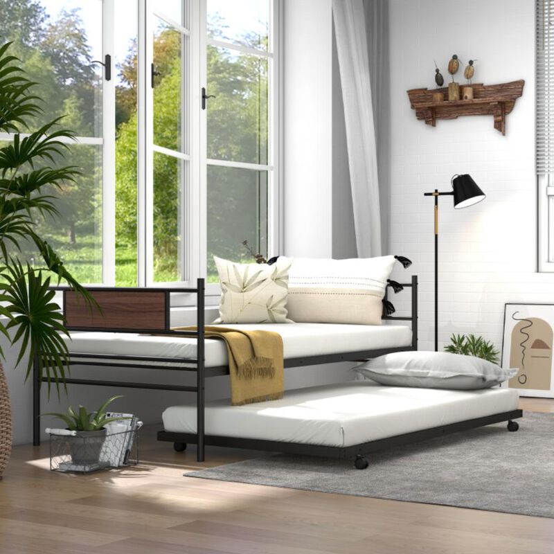 Hivvago Twin Size Metal Daybed with Trundle and Wood Grain Headboard