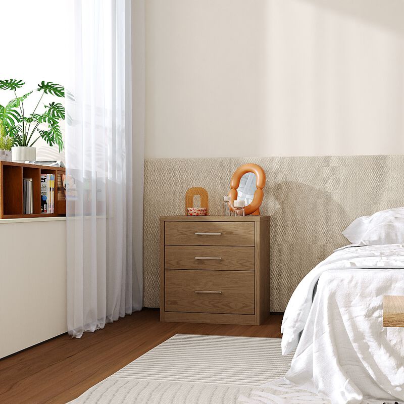 FUFU&GAGA Thickened 3-Drawer Nightstand with Hidden Storage, Bedside Table & Desk Side Cabinet, Textured Wood Grain, Silver Metal Brushed Handles (24.8 in. W x 23.6 in. D x 15.7 in. H), Khaki Brown