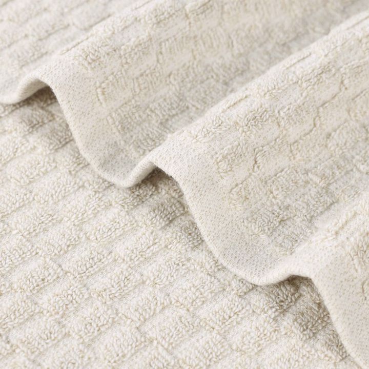 Cotton Blend Bathroom Towel Set with Checkered Pattern and Ribbed Border Design