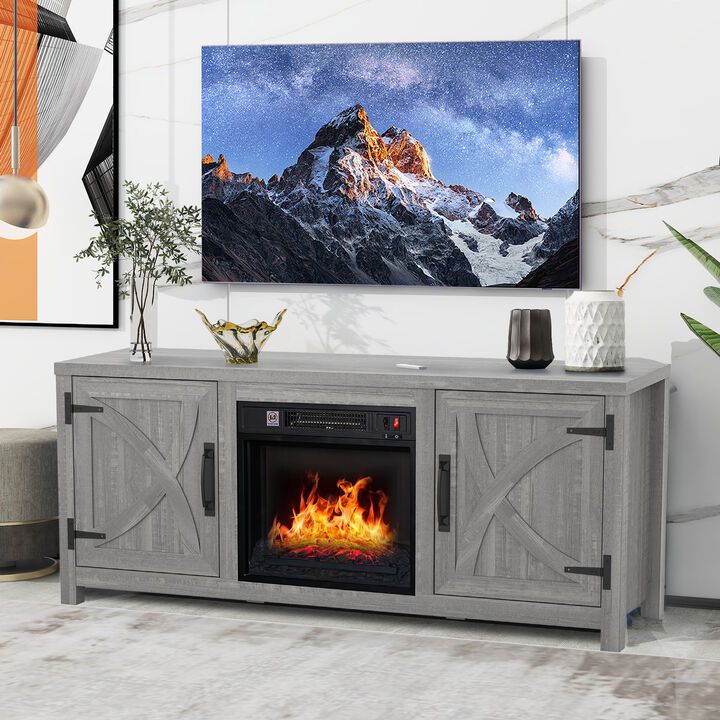 58" Farmhouse Light Gray TV Stand for TV up to 65" with Electric Fireplace