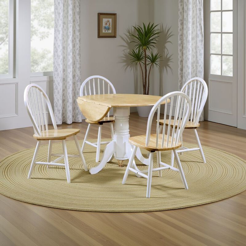 Giva Round Dining Table and 4 Chairs Set, Drop-Leaf, White and Brown - Benzara