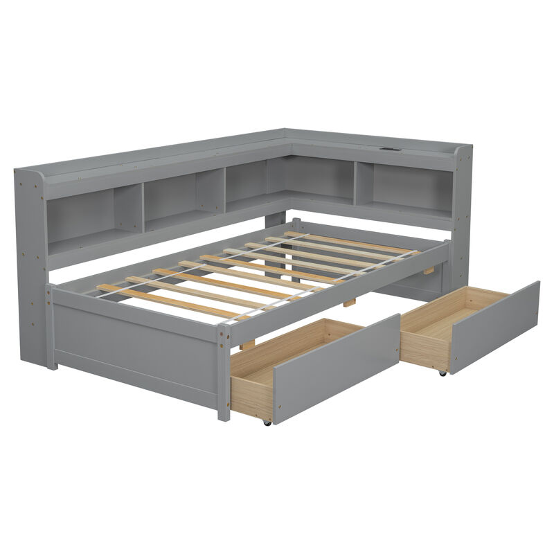 Whisen Twin Size L-shaped Bookcases Bed with Power Outlets, USB Charging Ports,Two Drawers-Grey
