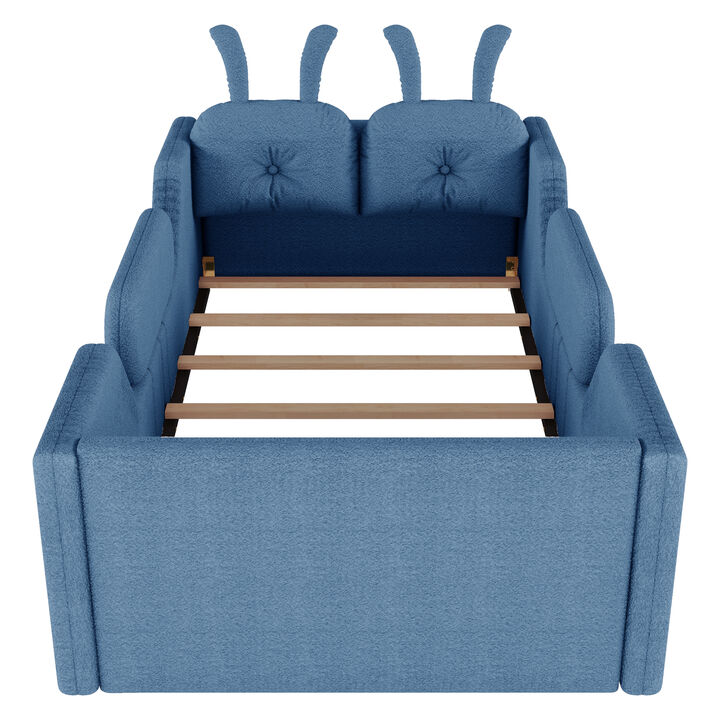 Whisen Twin Size Upholstered Floor Bed with Rabbit Cushion, Kids Platform Bed with Removable Side Rails