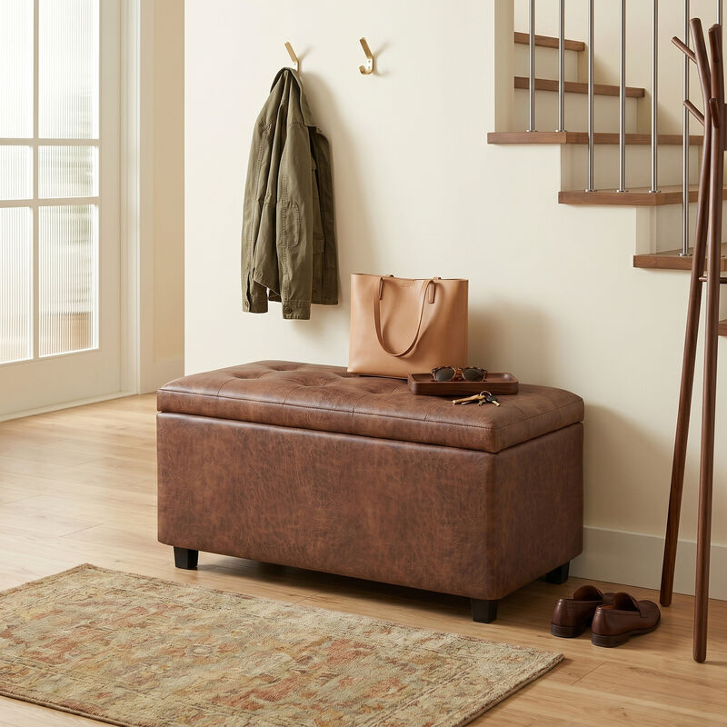 Cosmopolitan 34 inch Wide Transitional Rectangle Storage Ottoman in Distressed Saddle Brown Vegan Faux Leather, Assembled image number 1