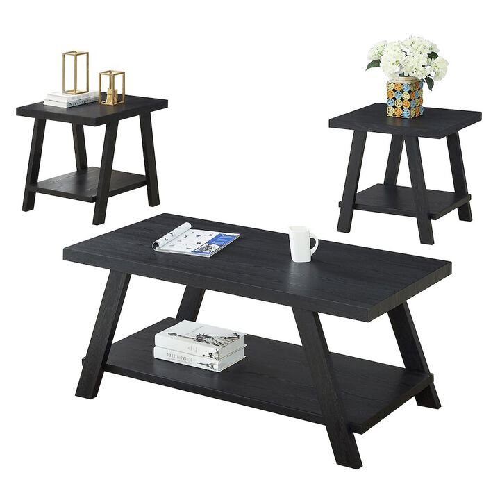 Roundhill Furniture Athens Contemporary Replicated Wood Shelf Coffee Set Table in Black Finish