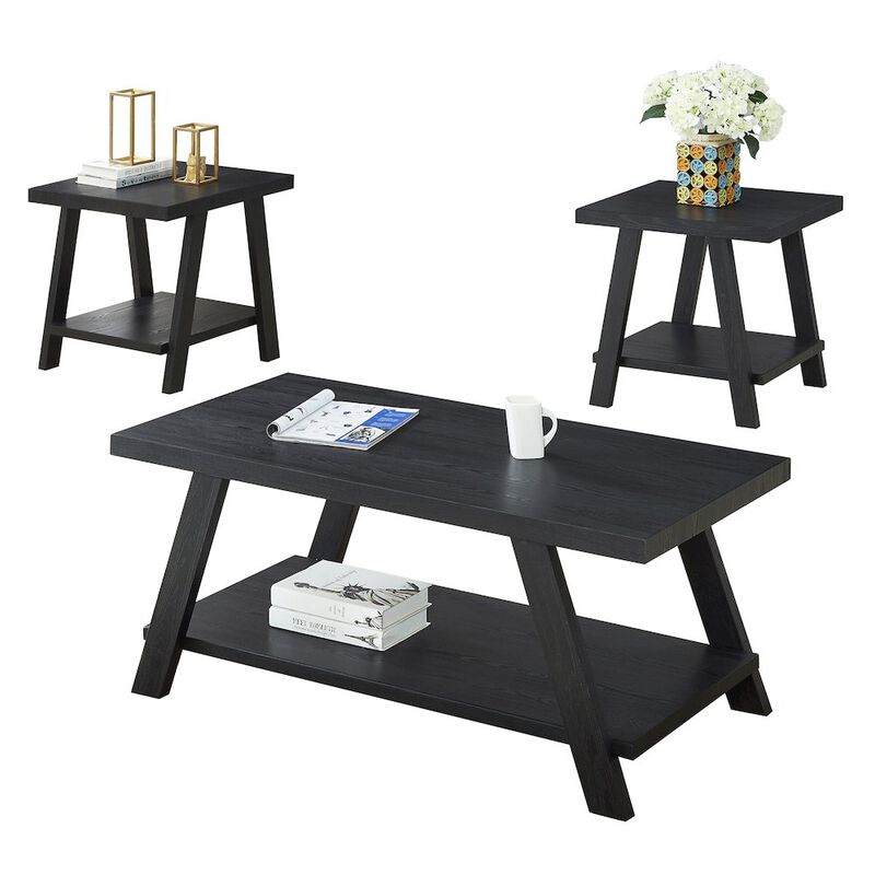 Roundhill Furniture Athens Contemporary Replicated Wood Shelf Coffee Set Table in Black Finish