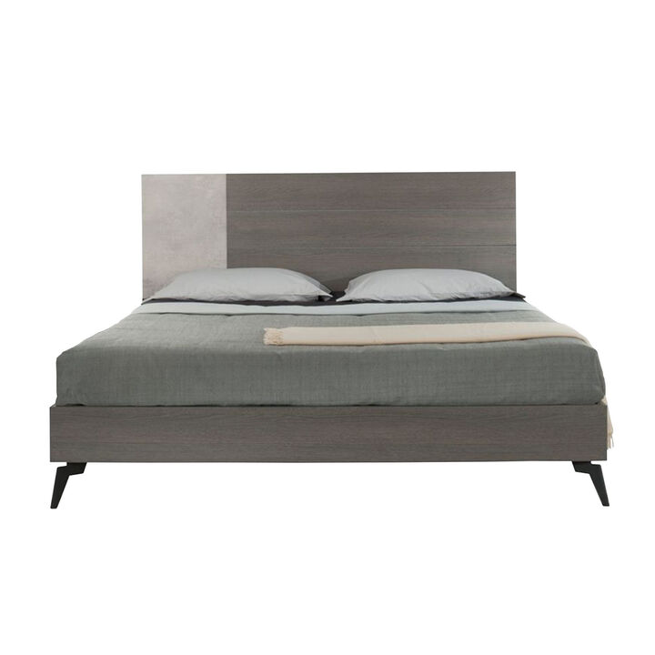 Leen King Size Platform Bed, Black Metal Legs, Gray Panel Headboard - Benzara