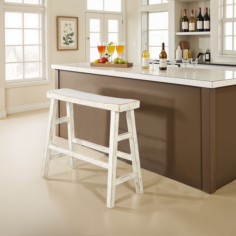 Rena Bar Height Bench | Trestle Legs with Footrests | 33" Wide Rustic White Sand Mahogany Wood - Benzara