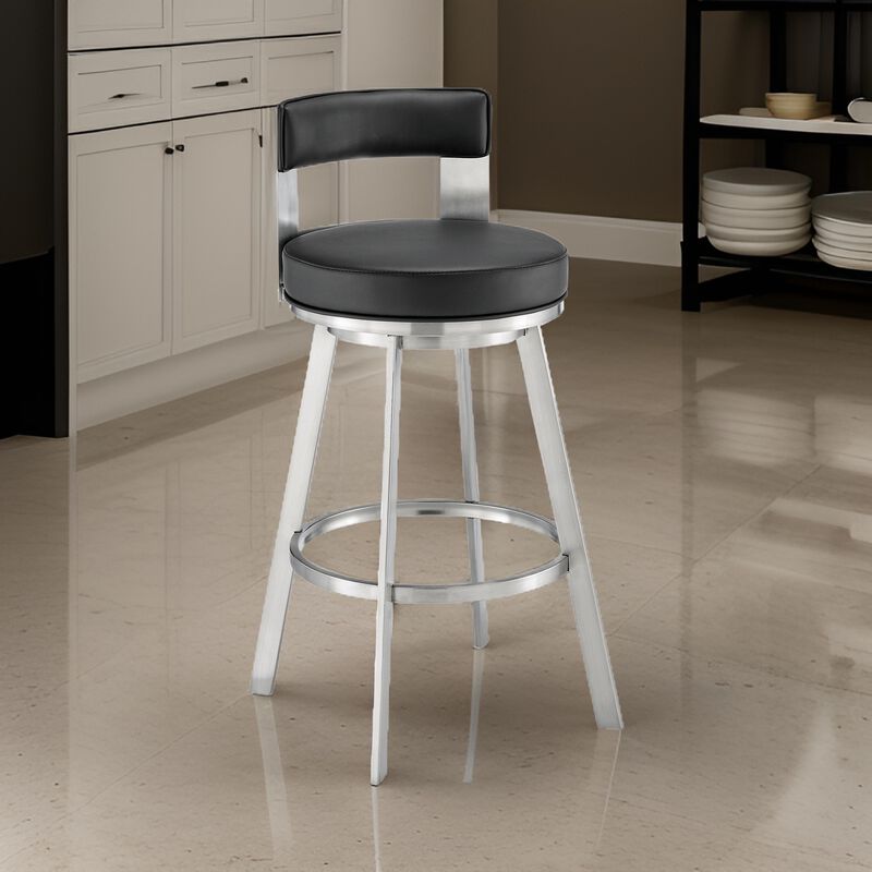 Ami 26 Inch Swivel Counter Stool Chair, Black Faux Leather, Stainless Steel - Benzara