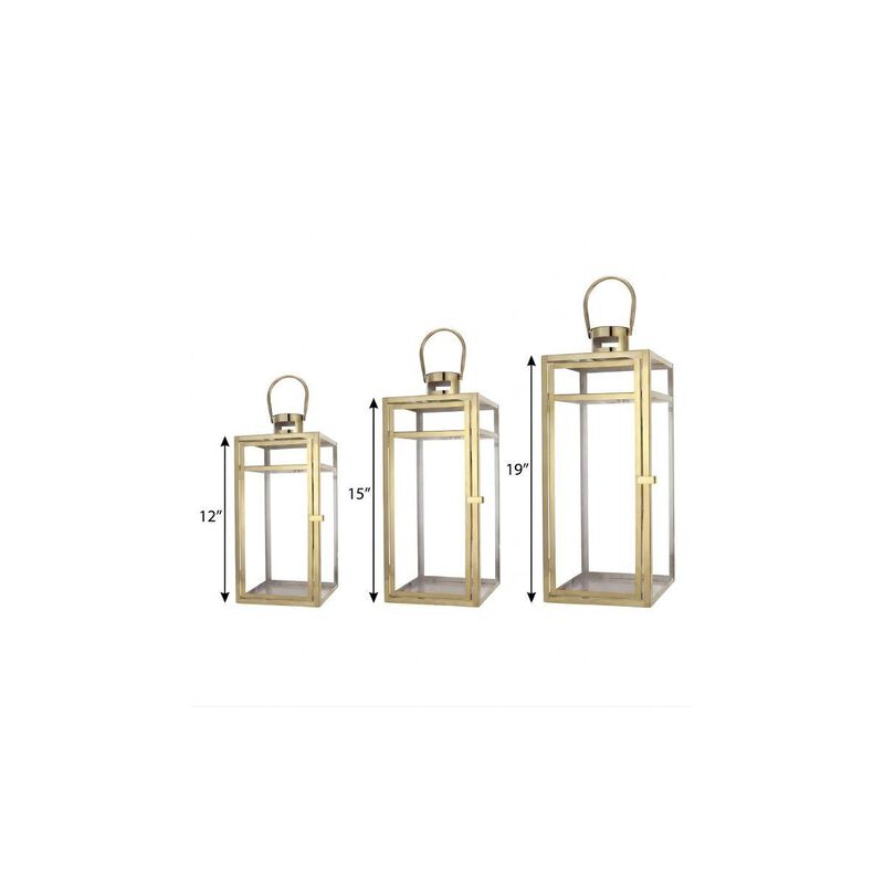 HomeRoots Set of Three Clear And Gold Glass And Stainless Steel Tabletop Lantern Candle Holders image number 5
