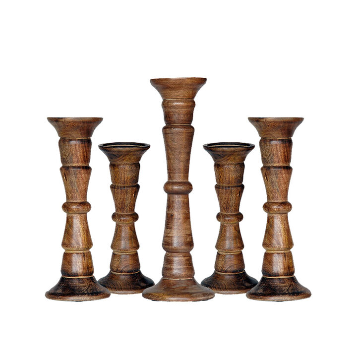 Traditional Medium Burnt Eco-friendly Handmade Mango Wood Set Of Five 9",12",15",12" & 9" Pillar Candle Holder BBH