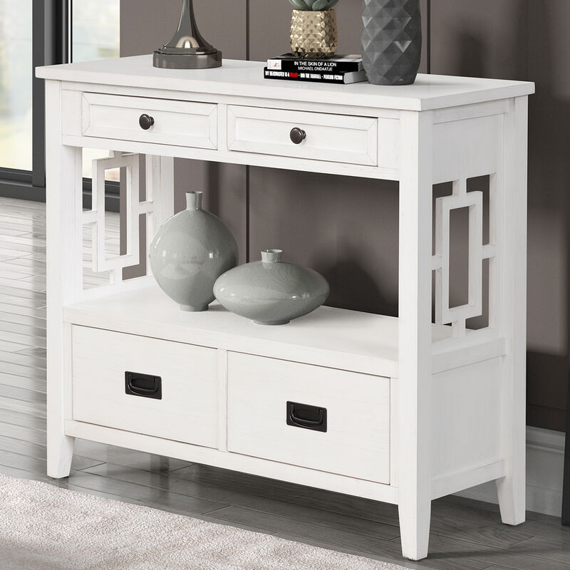 Whisen Farmhouse Style Console Table with 4 Drawers and Storage Shelf - Antique White