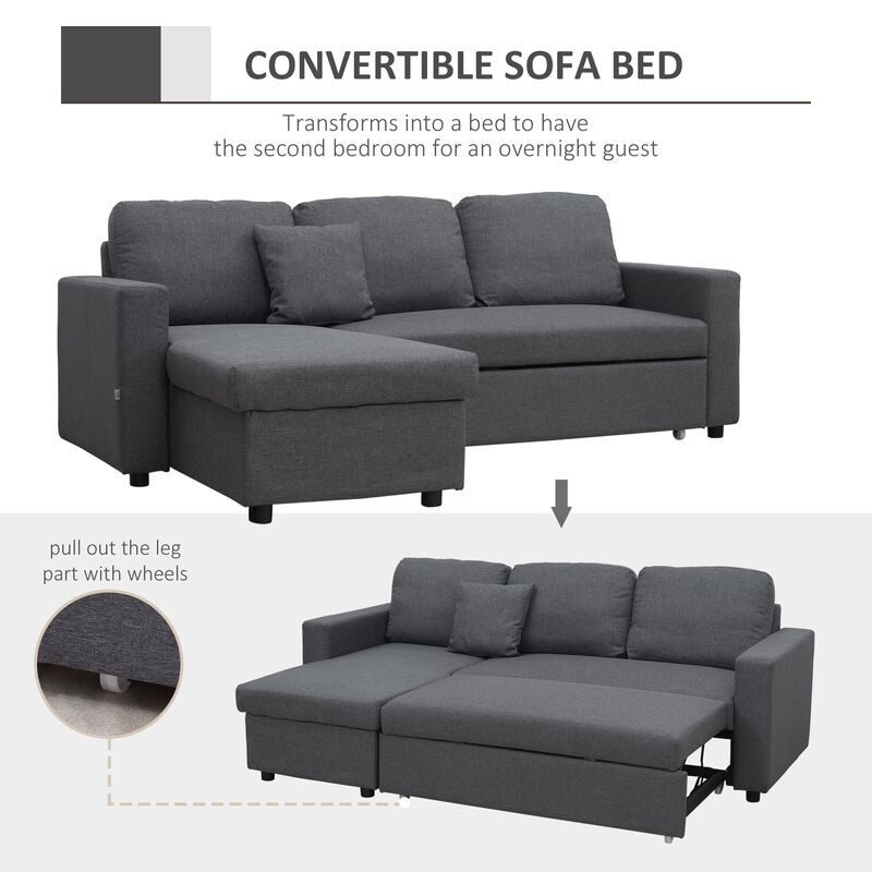 Sectional Sleeper Sofa, Linen Fabric L Shaped Couch with Pull out Bed, Reversible Storage Chaise for Living Room, Apartment, 3-seat