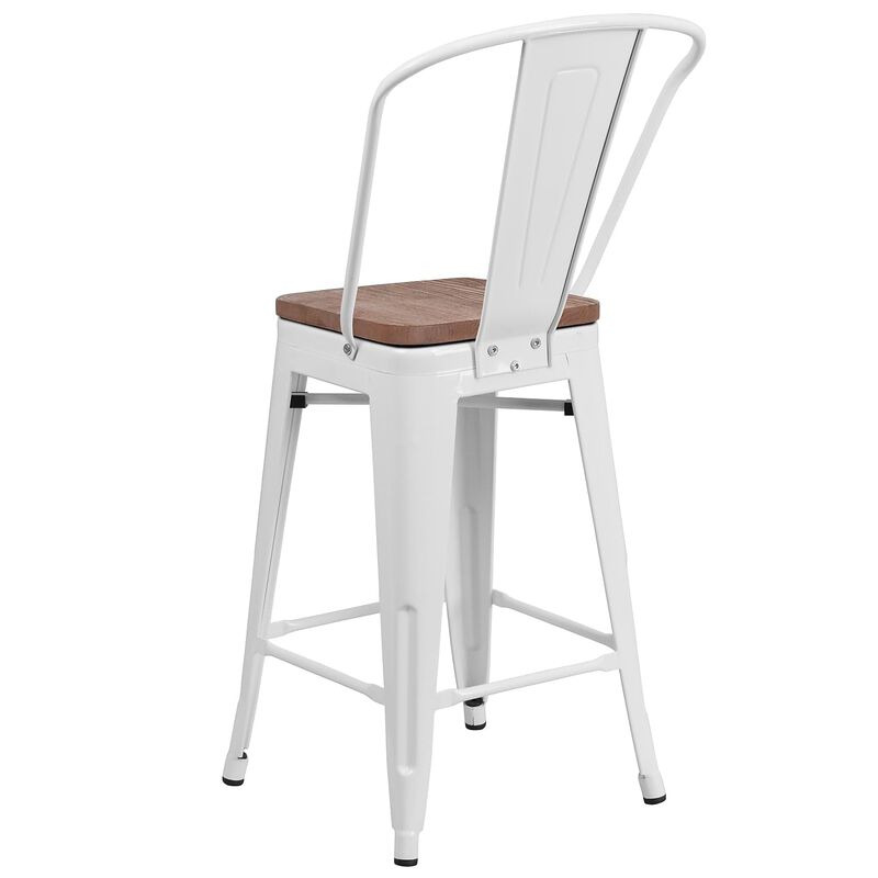 Flash Furniture Lily 24" High White Metal Counter Height Stool with Back and Wood Seat