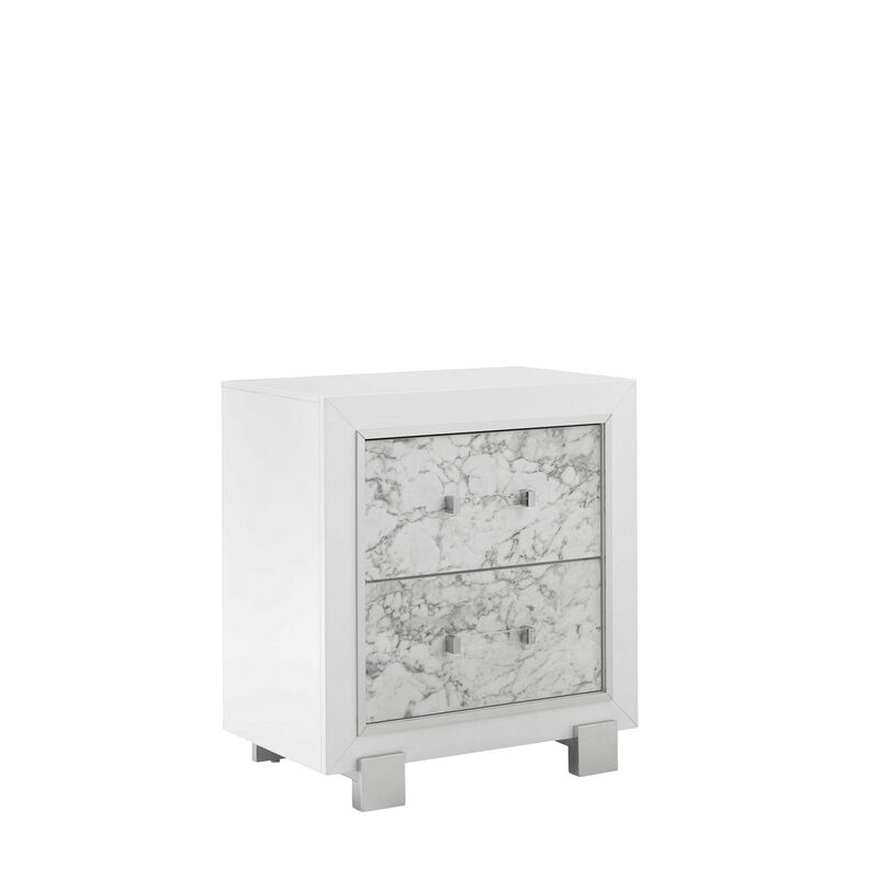 Homezia Modern White Nightstand With 2 Faux Marble Detailed Front Drawer.
