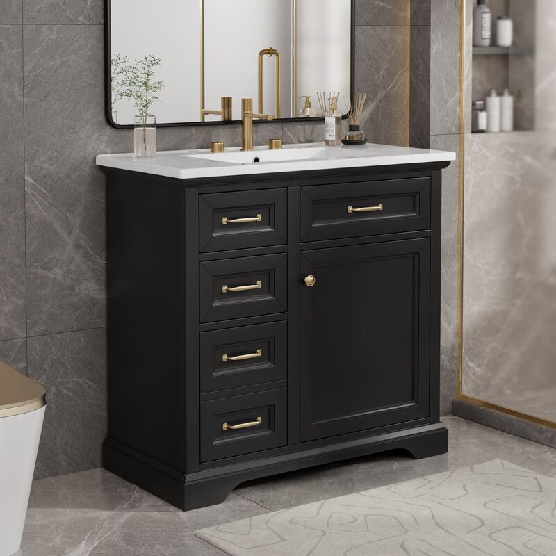 36" Bathroom Vanity with Sink, 4 Drawers & Soft-Close Door, Freestanding Storage Cabinet