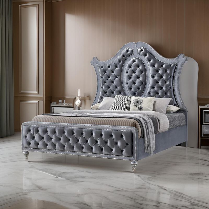 Rall King Size Bed, Curved Wood Headboard, Tufted Gray Fabric Upholstery - Benzara