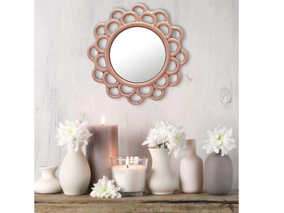 9" Round Pink Ceramic Wall Mirror – Floral Cutout Accent with Hanging Loop