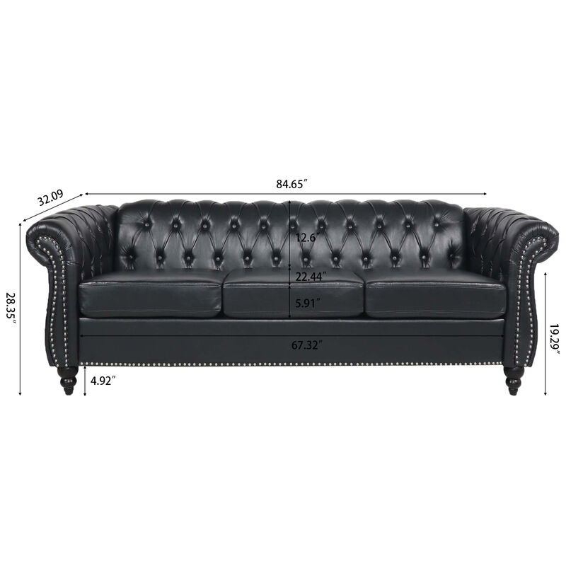 PU Rolled Arm Chesterfield Three Seater Sofa