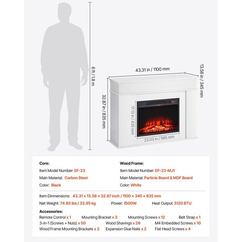 Electric Fireplace Stove 1500W with Adjustable Flames, Remote and Safety Protection-White image number 2