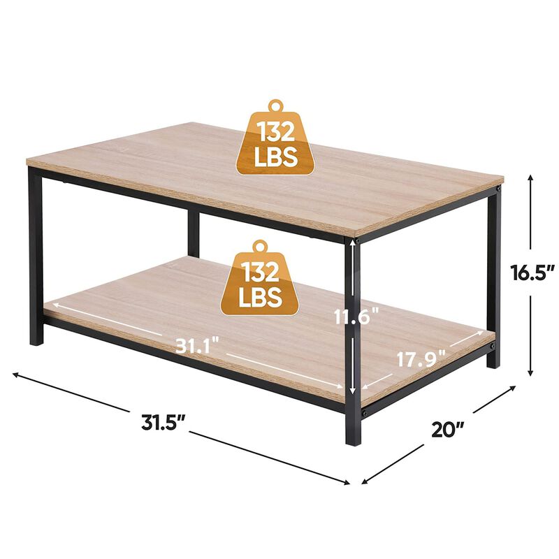 SUPER DEAL 2-Tier Industrial Coffee Table with Storage Shelf for Small Apartment Living Room, Rectangle Wood and Stable Metal TV