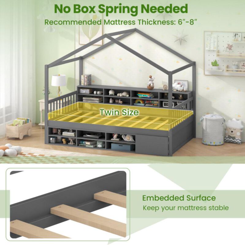 Hivvago Twin Size House Bed with Roof with 14 Storage Cubes and Enclosed Cabinet