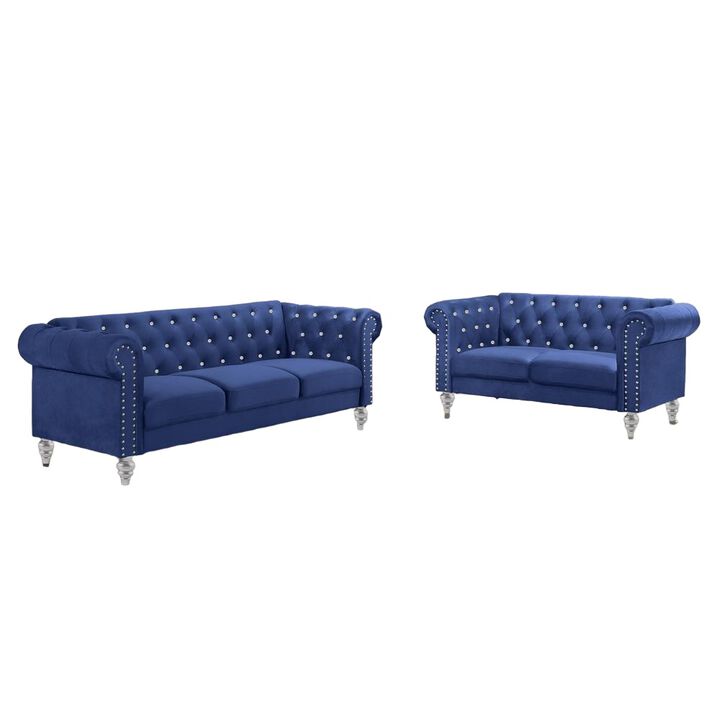 New Classic Furniture Emma 2-Piece Crystal Velvet Fabric Loveseat & Sofa Set in Royal Blue