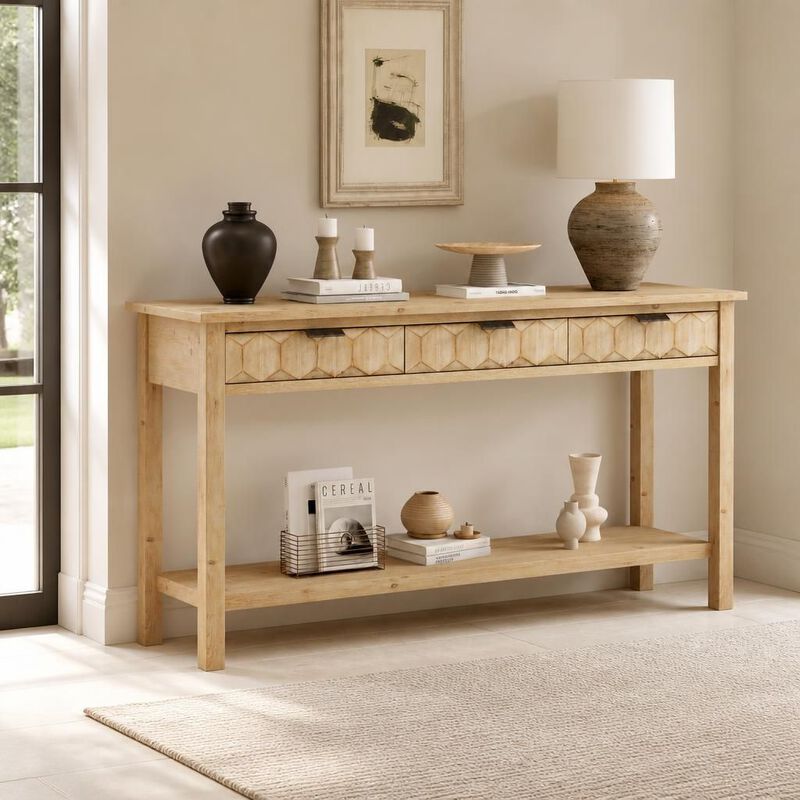 GOODSILO 58.3'' Fir Veneer Entryway Console Table with 3 Honeycomb Drawers Open Bottom Shelf for Living Room Hallway Study Foyer image number 2