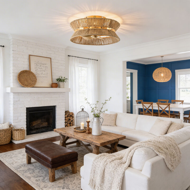 17.7" Bohemian Hemp Rope Antique Gold Caged Ceiling Fan with Light and Remote image number 4