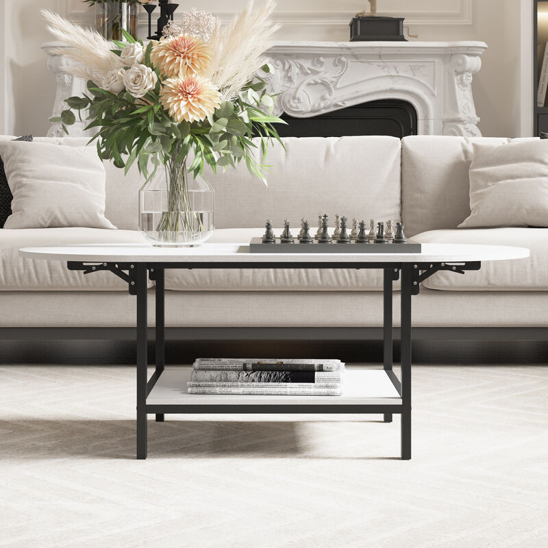 FUFU&GAGA Modern Coffee Table with Foldable Top and Lower Shelf, Metal Tube Legs (47.2 in. W x 23.6 in. D x 17.7 in. H), Black