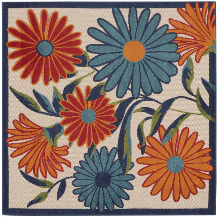 HomeRoots 5' Ivory Blue And Orange Square Floral Indoor Outdoor Area Rug
