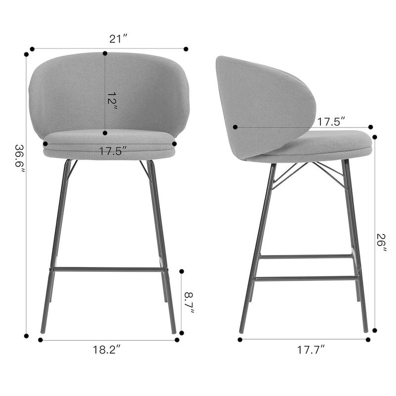 Glamour Home Set of 2 Baxter White Boucle Fabric Counter Stool with Black Iron Legs