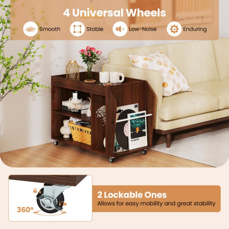 Hivvago 3-Tier Side End Table with Universal Wheels-Walnut