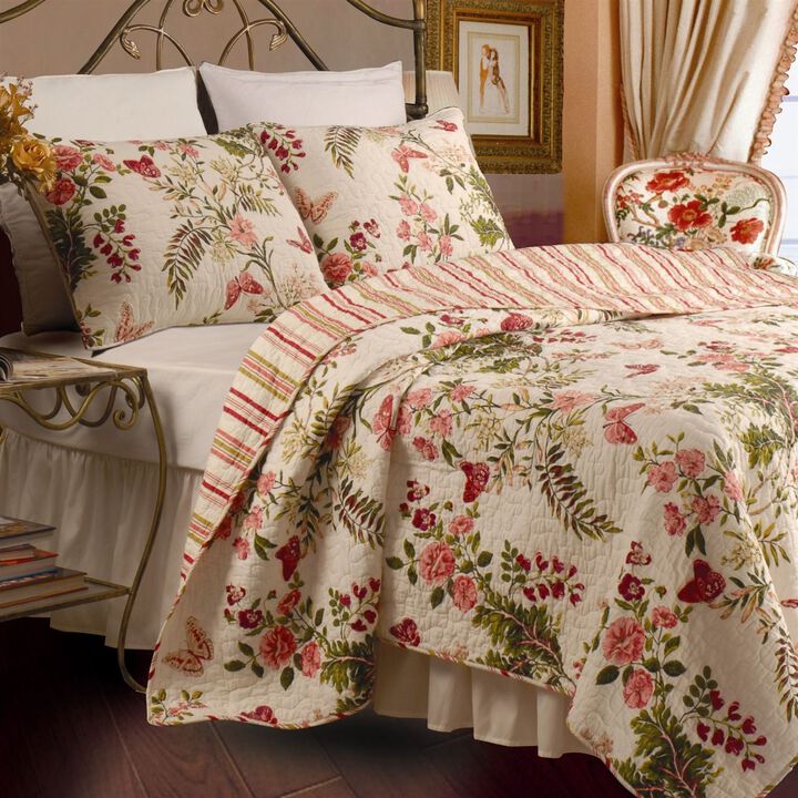 QuikFurn Full / Queen size Piece 100% Cotton Quilt Set Crimson Clover Floral