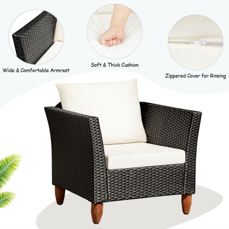 Hivvago 3 Pieces Patio Wicker Furniture Set with Cushions and Acacia Wood Coffee Table Outdoor