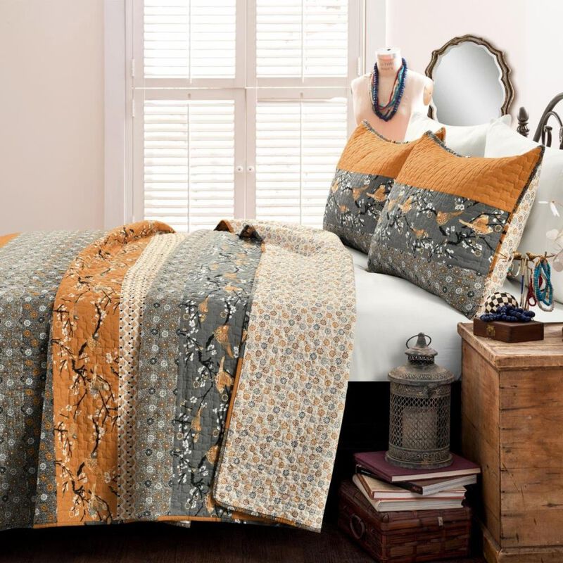 Hivvago Orange Grey Floral Birds Reversible Quilt Set